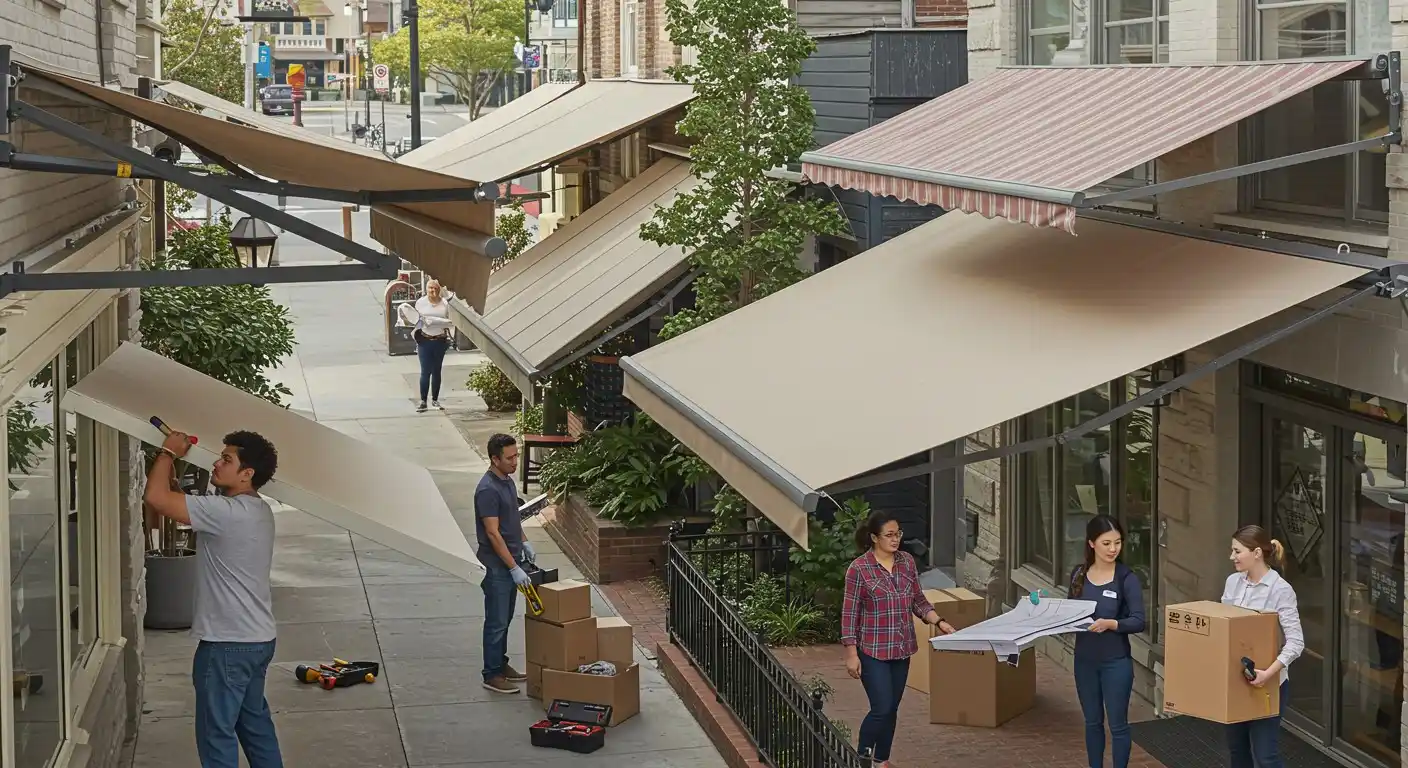 Installation of multiple beige store awnings.