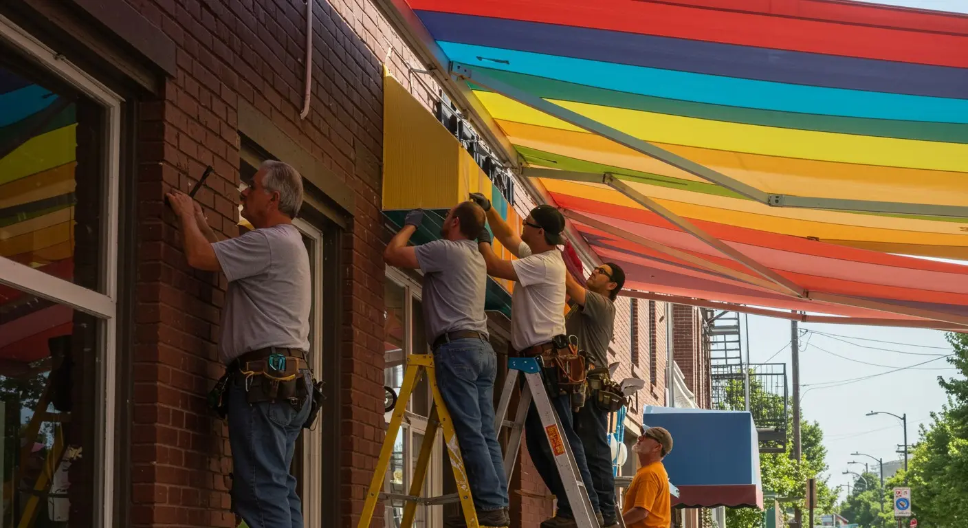 Group of workers installing a colorful awning.