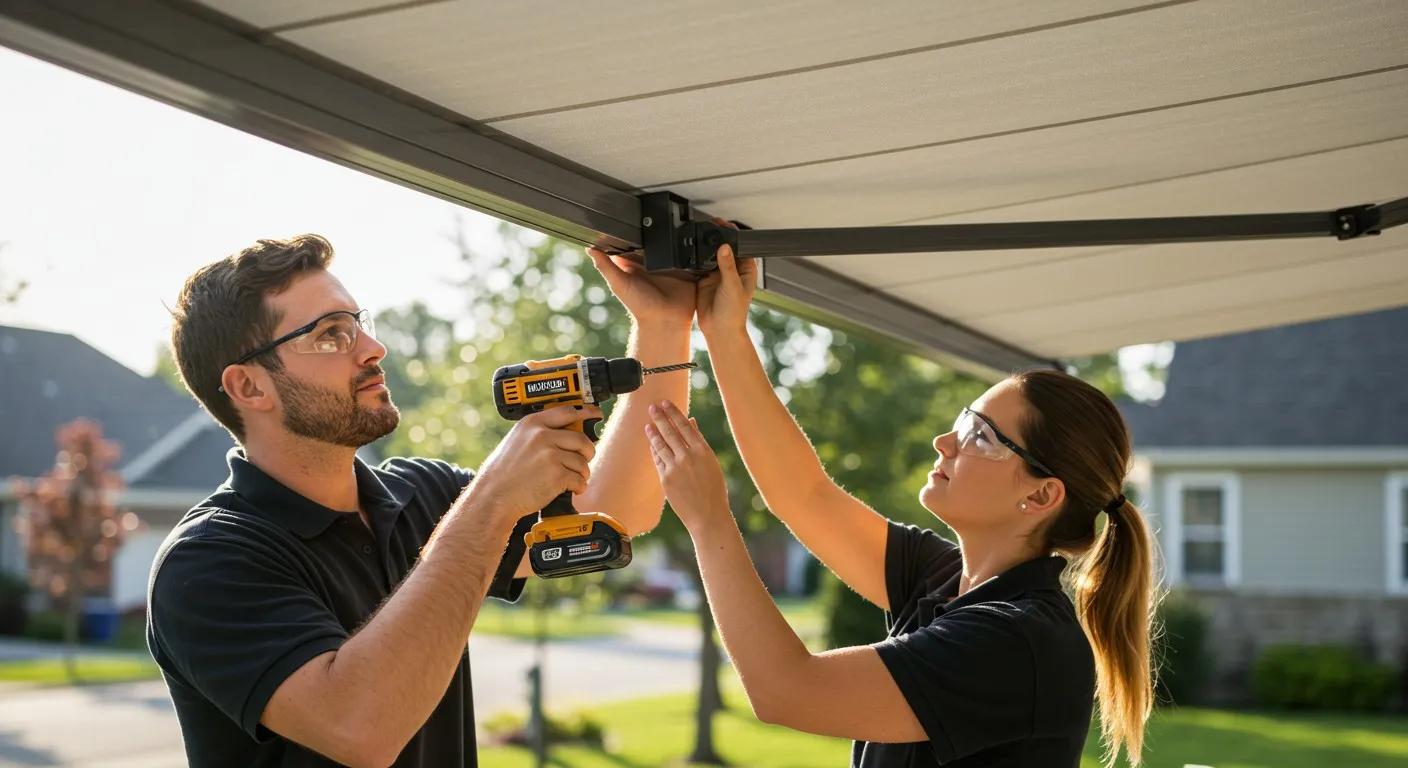 Two people installing an outdoor awning.