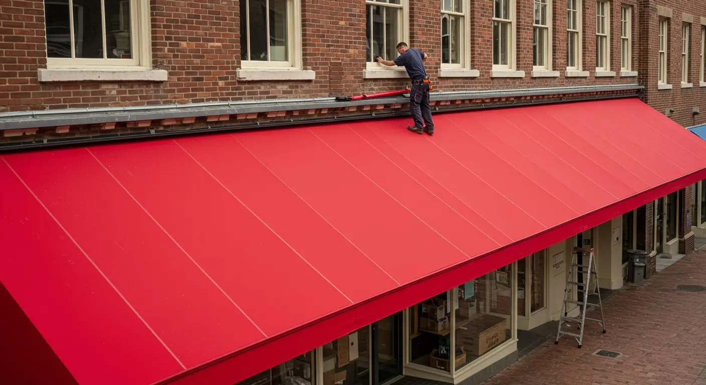 Worker cleaning a large red awning.