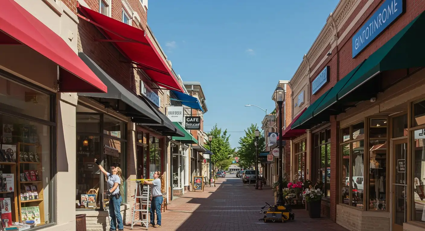 Workers installing an awning on storefront.
