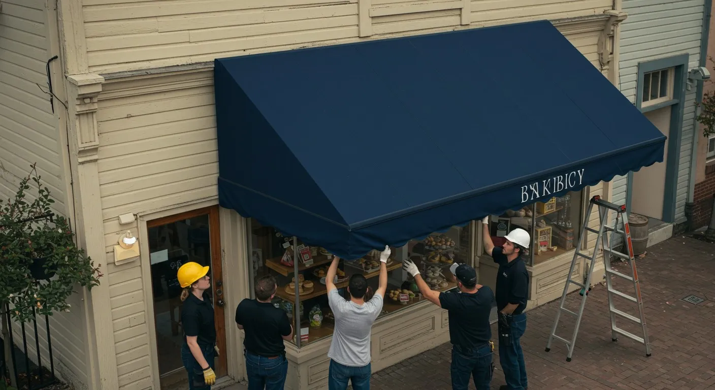 Crew installing a blue storefront awning.