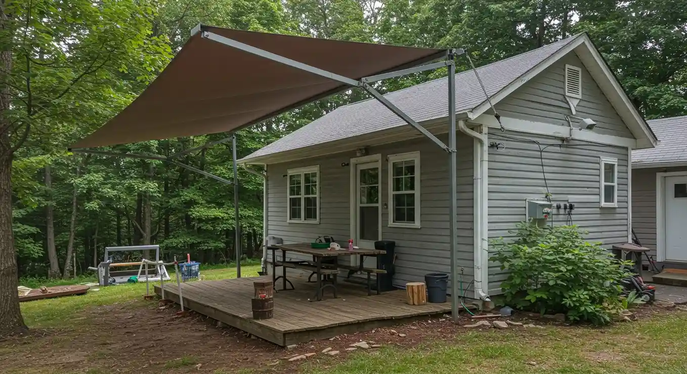 Large outdoor fabric awning over deck.