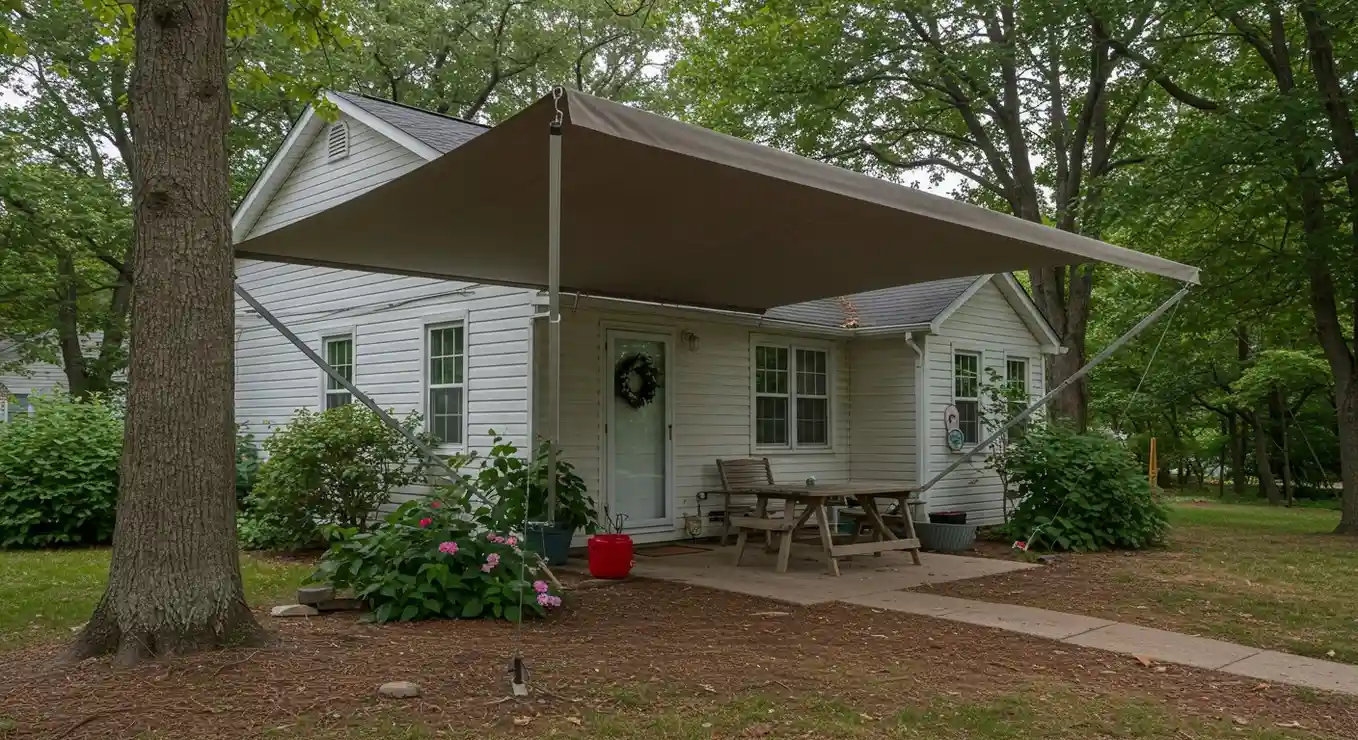 Large tan awning over patio area.