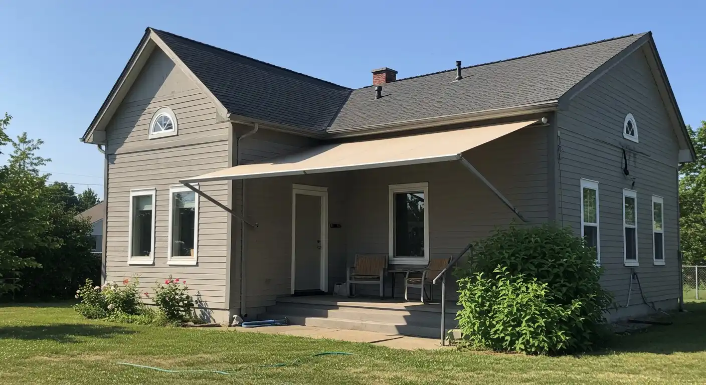 Residential home with tan porch awning.