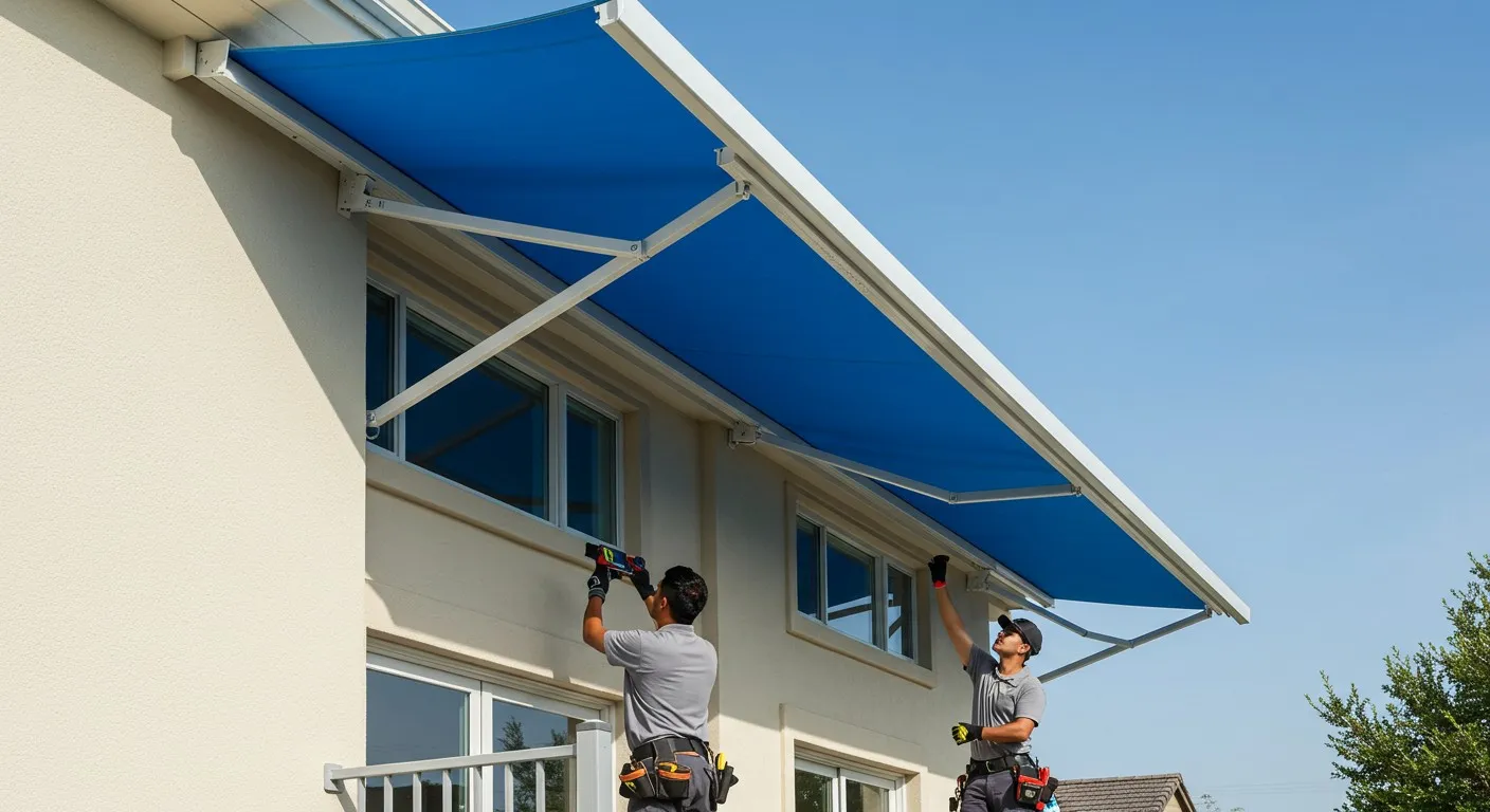 Two workers installing a blue awning.