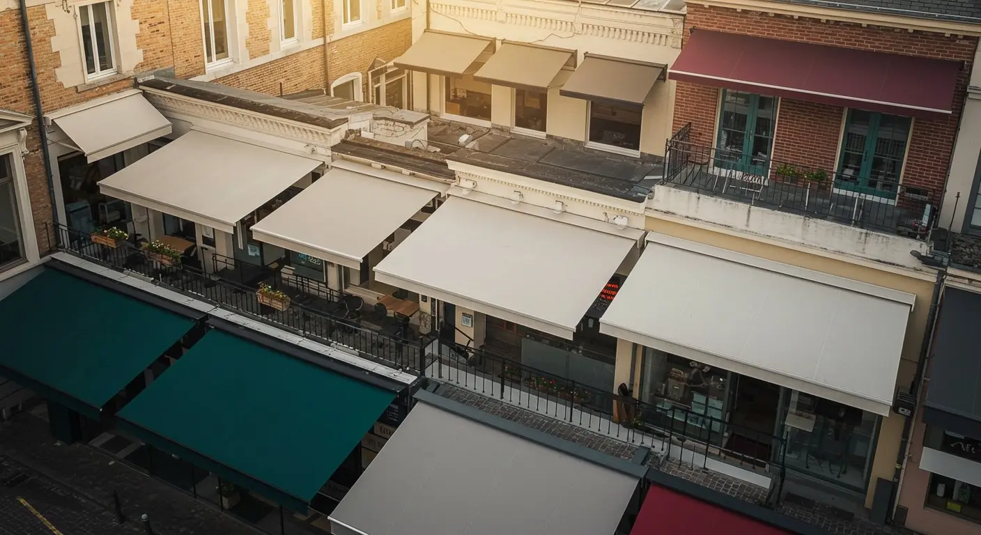 Rows of multiple colored store awnings.