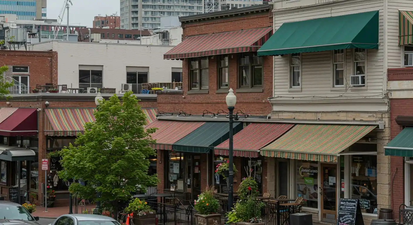 Colorful awnings on urban storefronts.