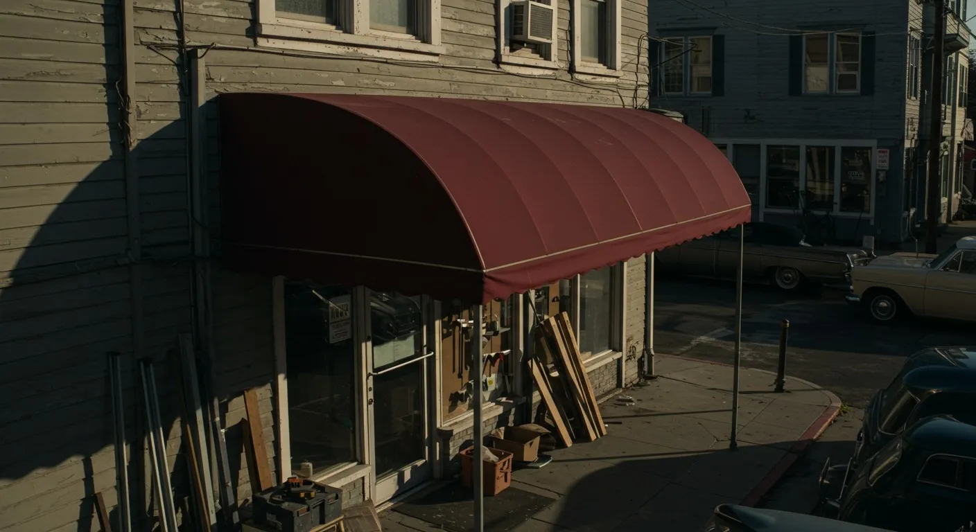 Dark red awning on old shop.