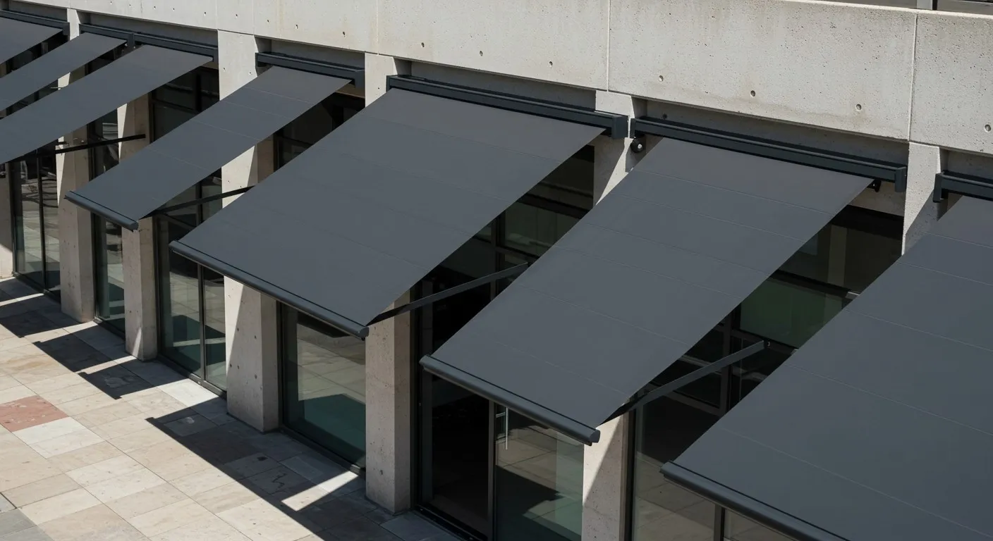 Series of modern gray awnings.