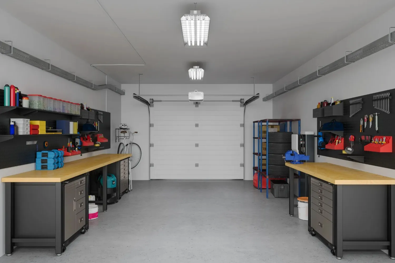 A professional garage interior featuring two wooden workbenches with metal cabinets, a bicycle against a wall, and sleek lighting.