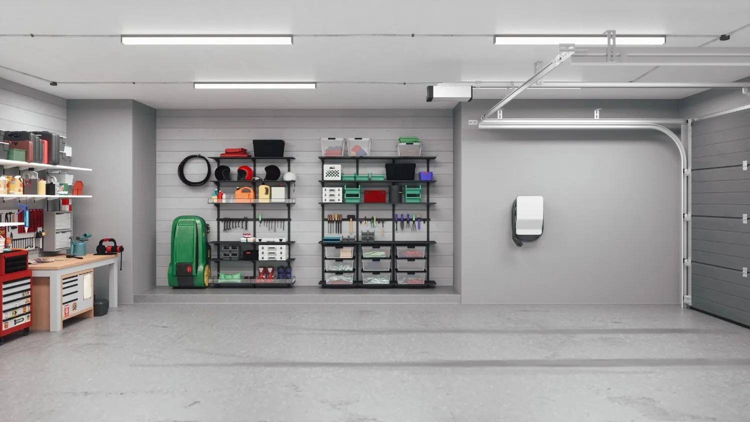 A clean, organized garage interior with storage racks and a workbench, also showing an electric vehicle charger mounted on the wall.