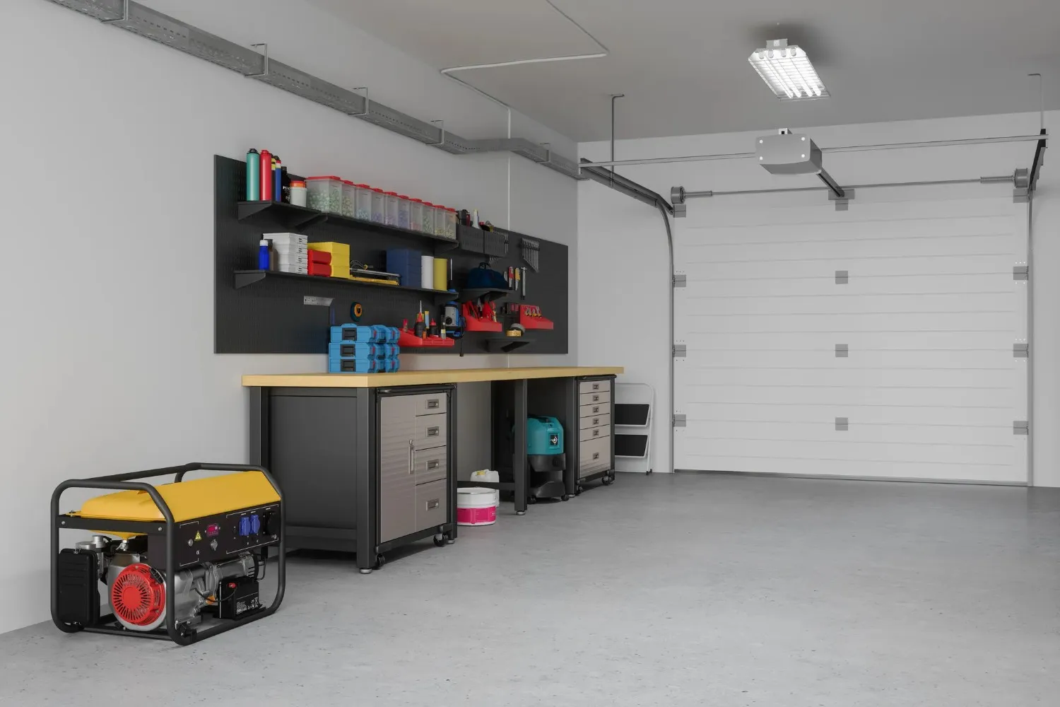 A garage interior with a yellow and black portable generator on the left, a workbench with cabinets, and a white, closed garage door in the background.