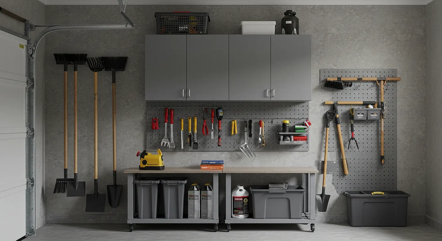 A well-organized garage wall with a gray cabinet system, a gray pegboard with tools hanging on it, and brooms and shovels leaning against the wall.