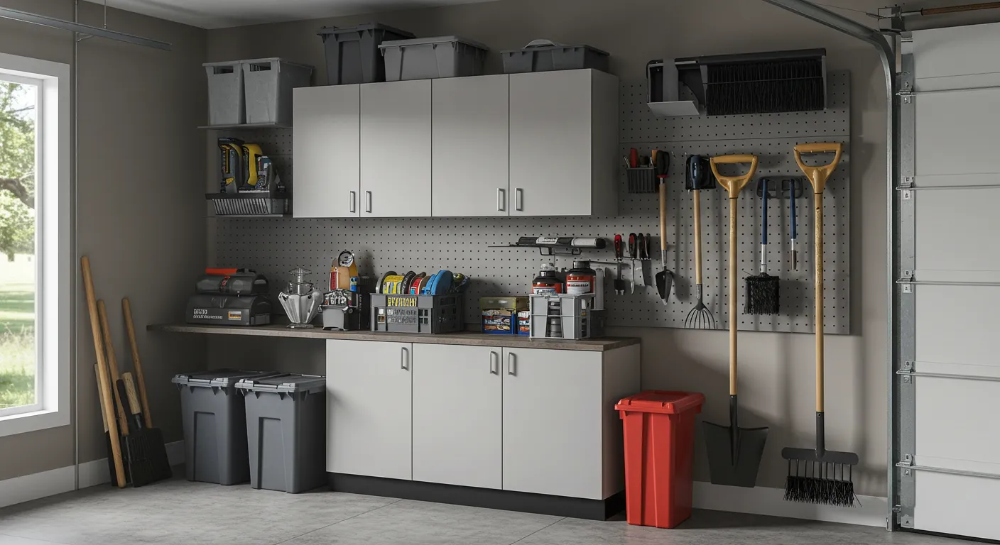 A modern, clean garage interior with gray cabinets and a gray pegboard system, holding various tools and cleaning supplies, with a red trash can in the foreground.
