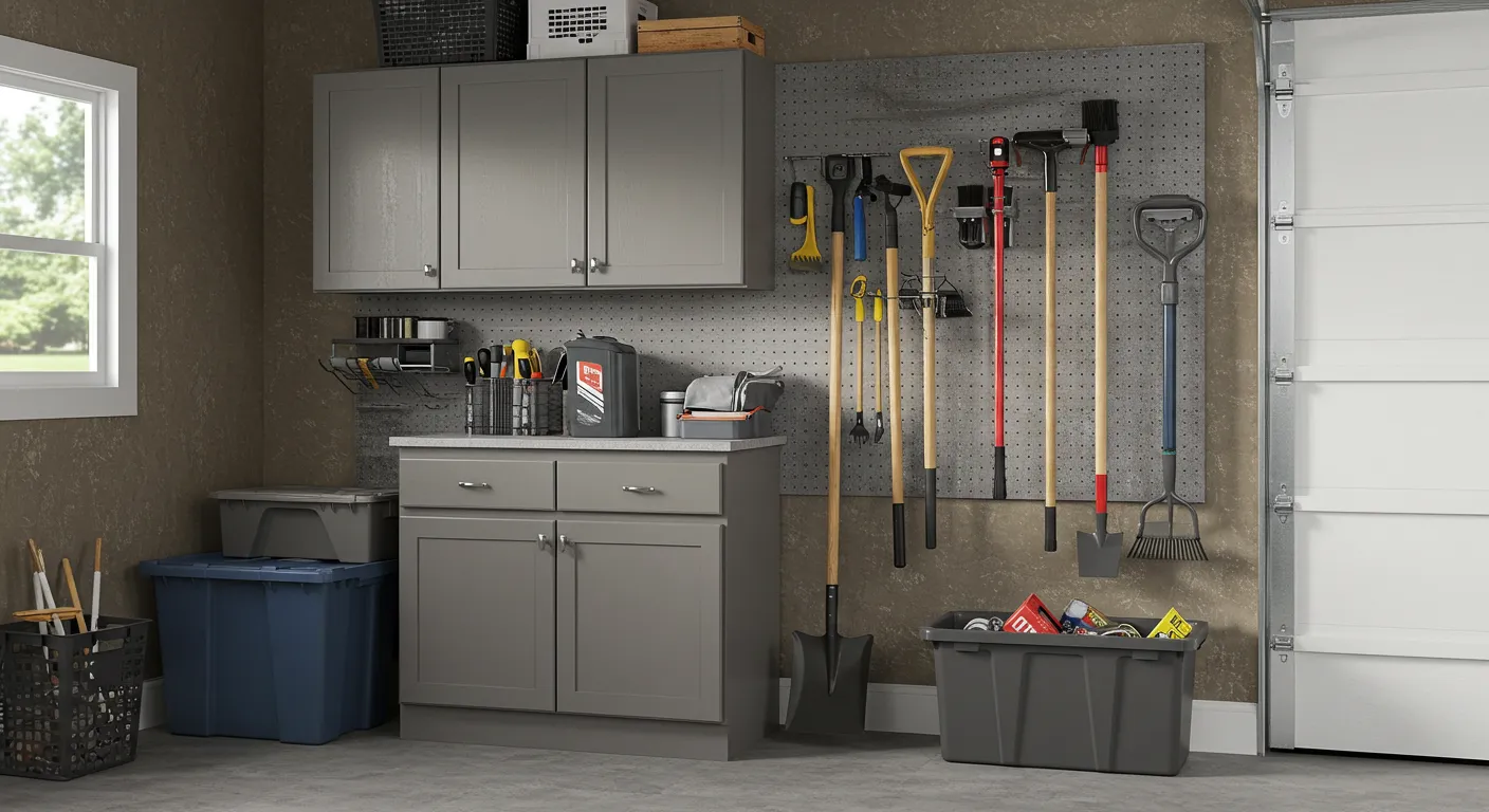 A clean and organized garage space with gray cabinets, a countertop, and a gray pegboard holding gardening tools and cleaning supplies.