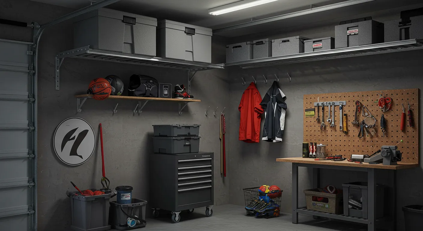 A well-organized garage with dark gray walls, showing overhead shelving with gray bins, a workbench with a pegboard for tools, and two jackets hanging on hooks.