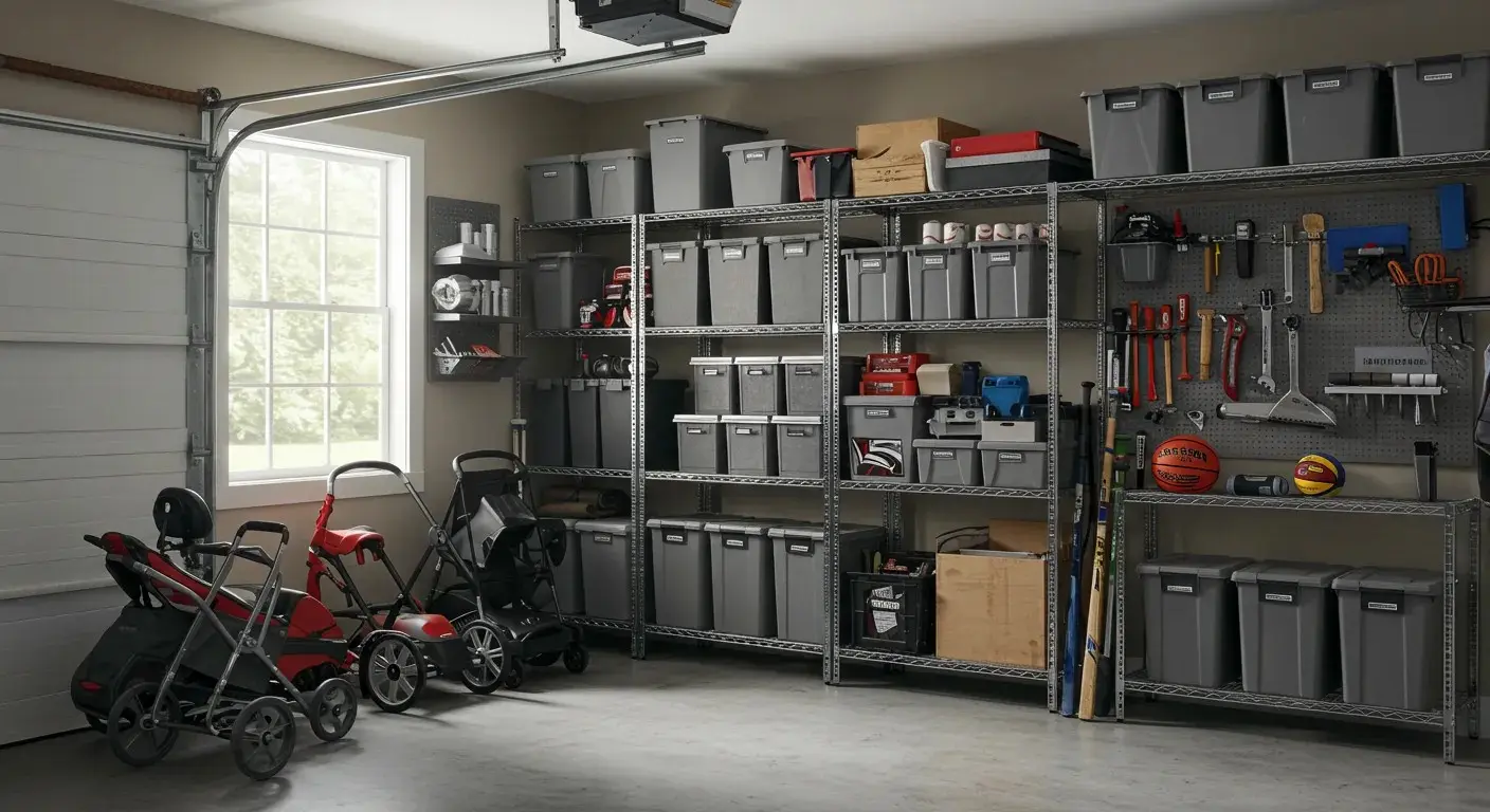 A family-friendly garage interior with a large metal shelving system for storage bins, a pegboard for tools, and various baby strollers and sports equipment on the floor.