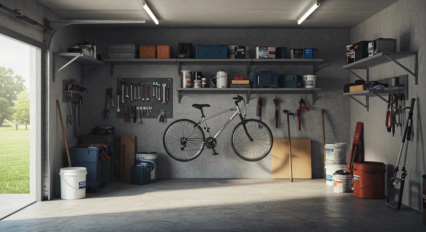 An organized garage with a concrete floor and walls, featuring a bicycle hanging on the wall, open shelving with various bins, and a pegboard for tools.