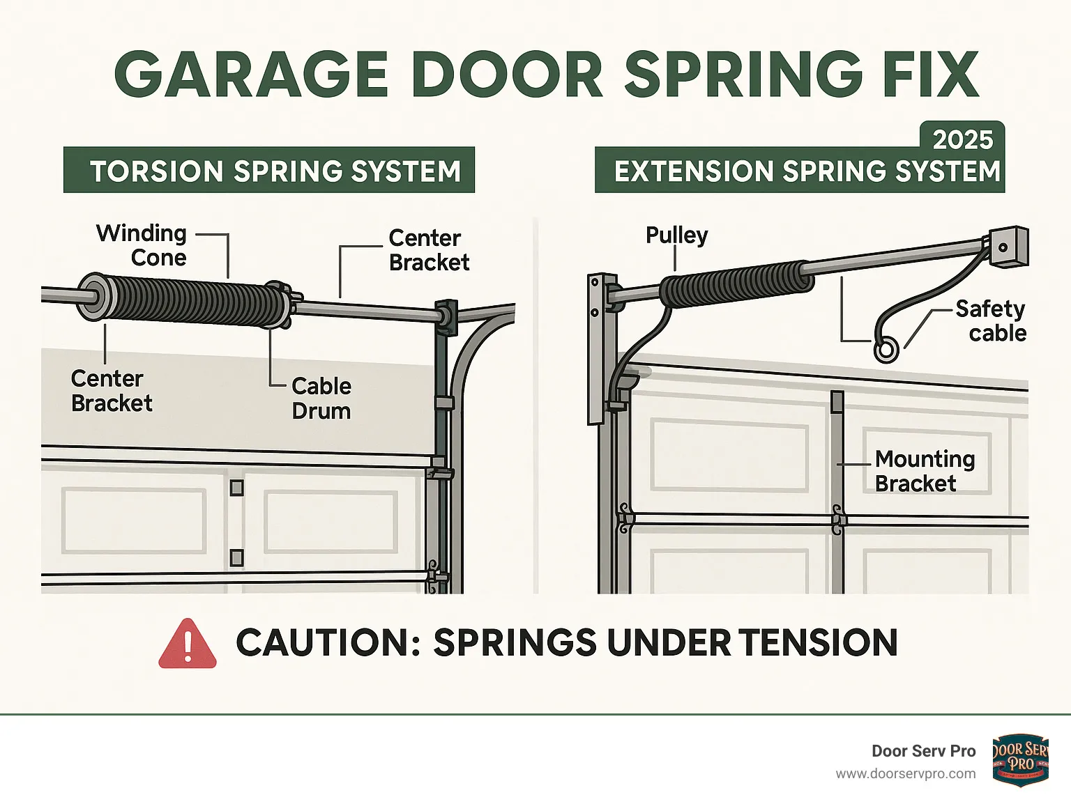 Comprehensive infographic showing the differences between torsion spring systems (mounted above garage door on a horizontal shaft) and extension spring systems (mounted along the horizontal tracks on either side), including their components like winding cones, center brackets, cable drums for torsion systems, and pulleys, safety cables, and mounting brackets for extension systems, with clear labels and safety warnings - garage door spring fix infographic