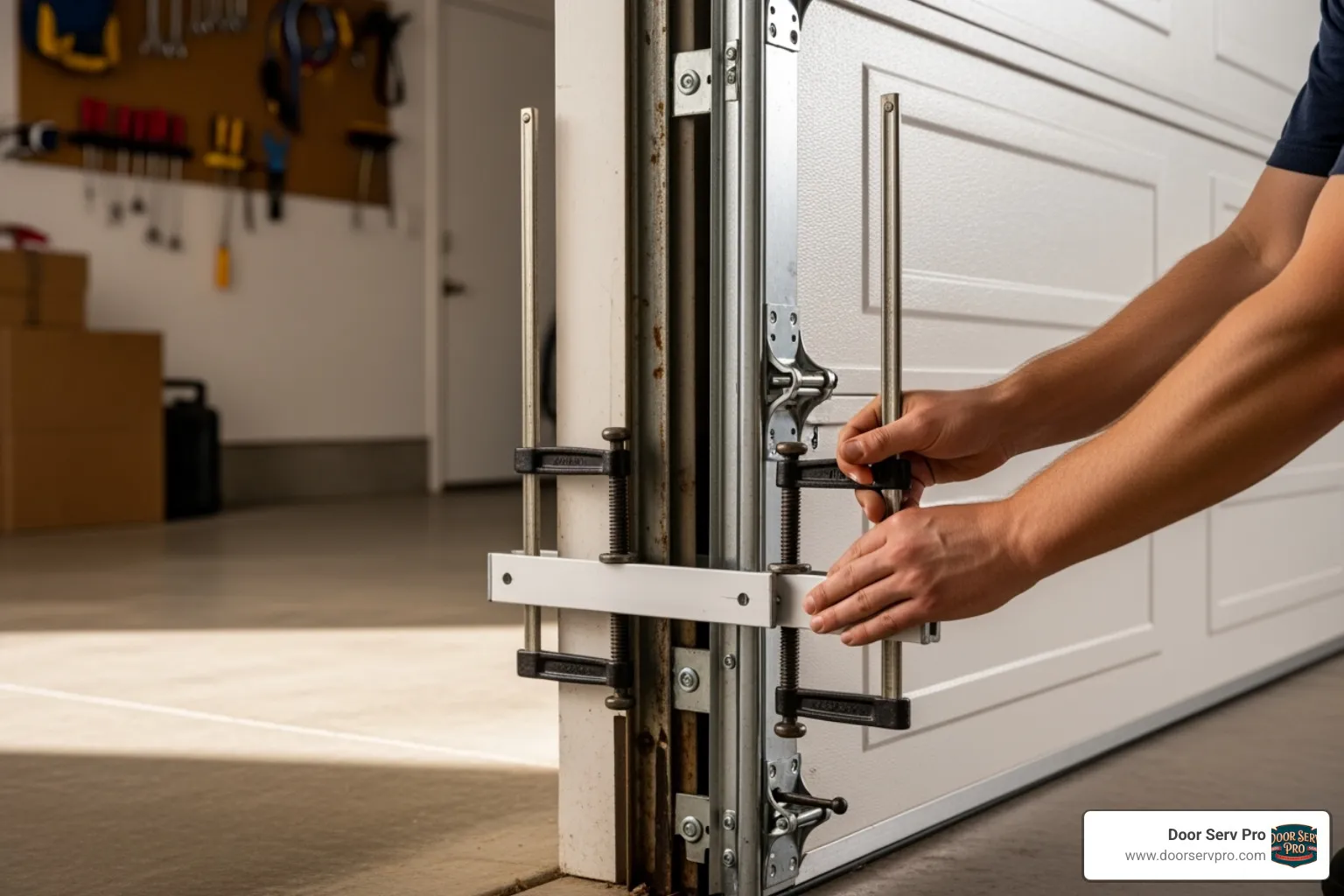 demonstrating securing the door with C-clamps before starting work - garage door spring fix