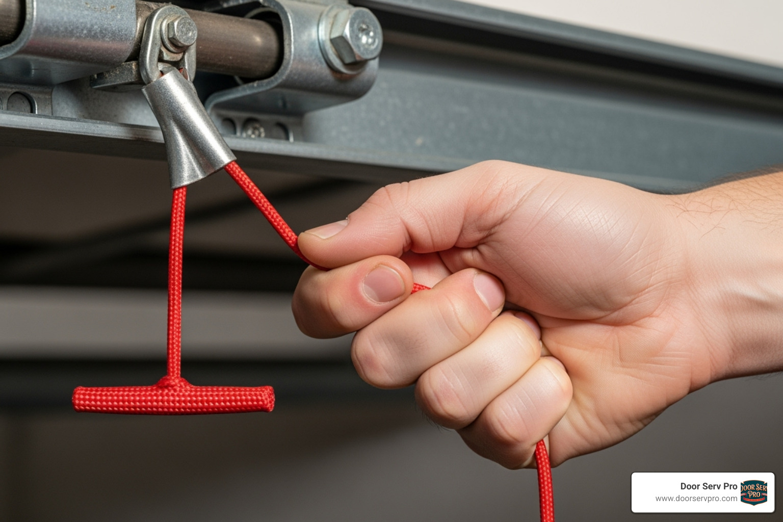 hand pulling red emergency release cord - quick garage door repair