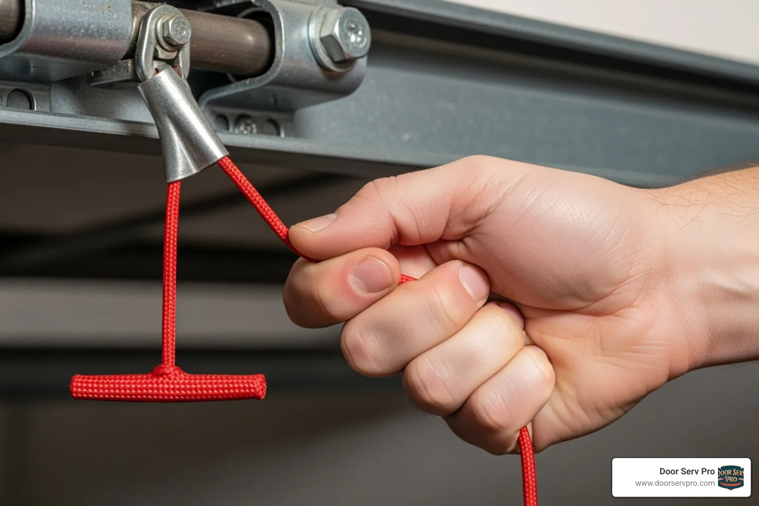 hand pulling red emergency release cord - quick garage door repair