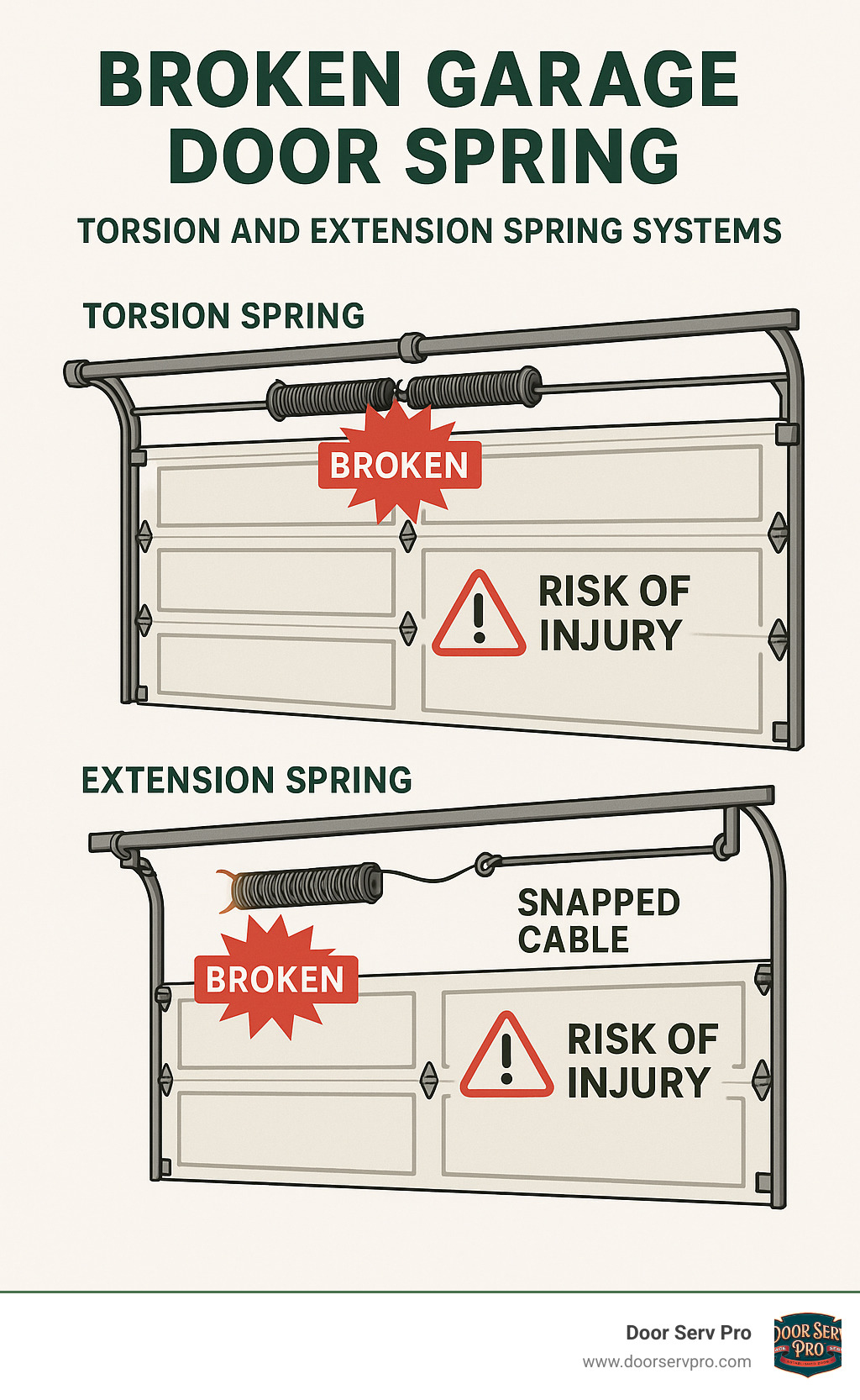 Comprehensive diagram showing torsion and extension spring systems with failure points and safety warnings highlighted - broken garage door spring infographic