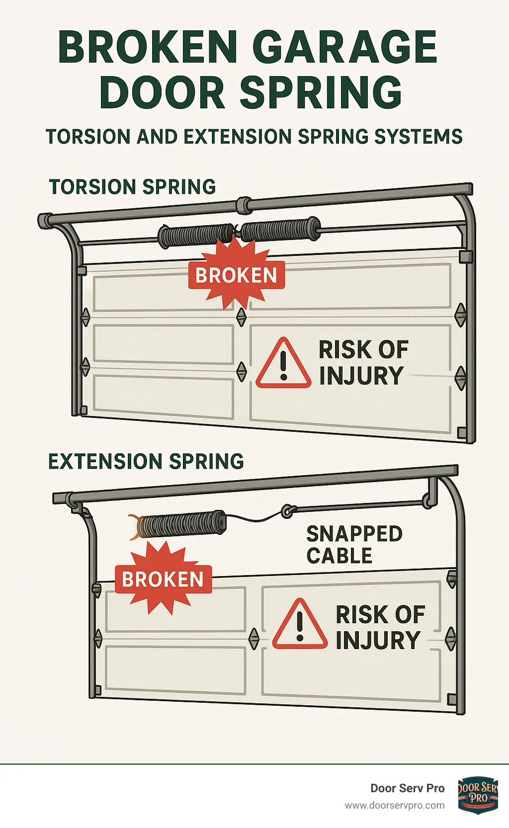 Comprehensive diagram showing torsion and extension spring systems with failure points and safety warnings highlighted - broken garage door spring infographic