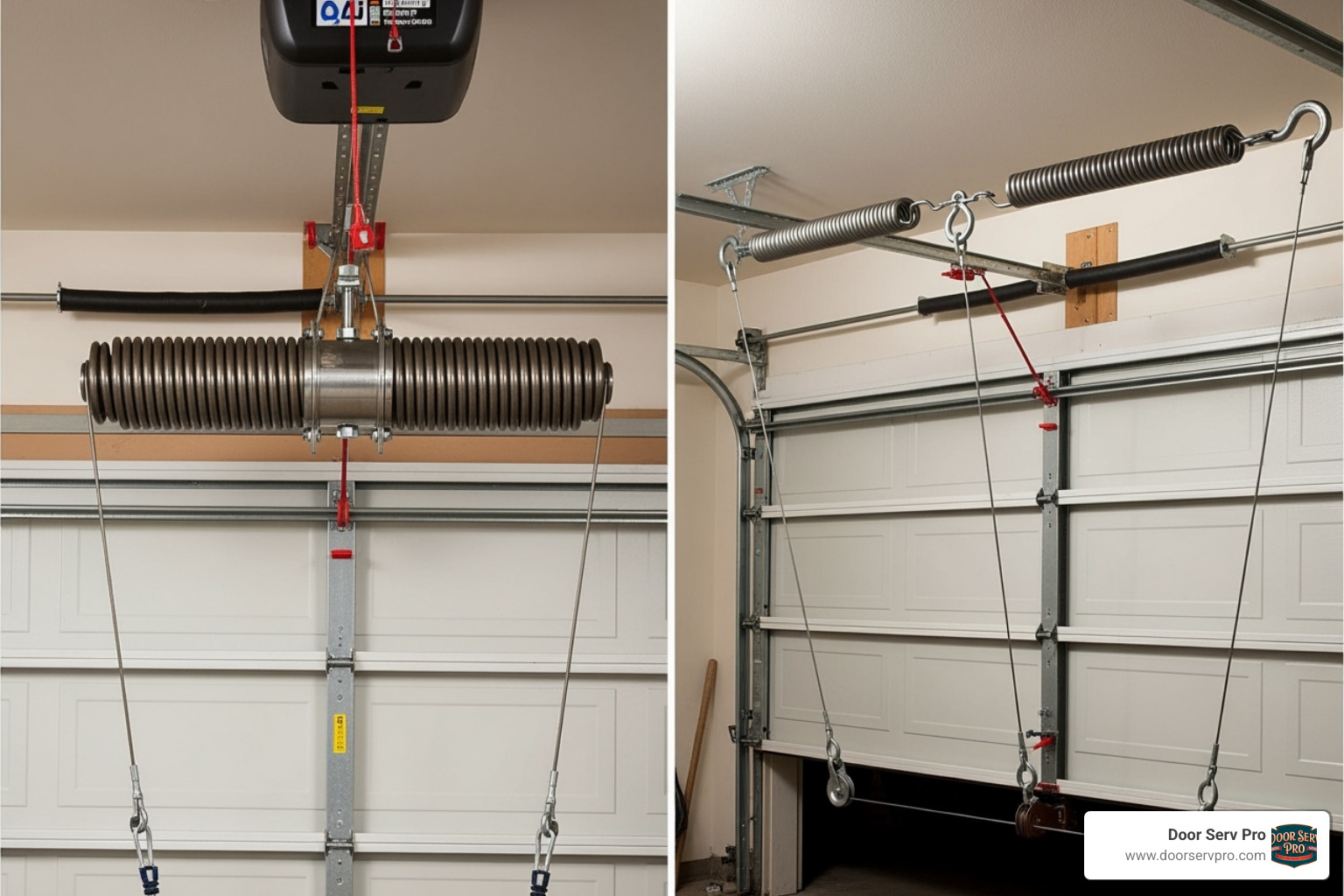 side-by-side comparison of a torsion spring setup vs. an extension spring setup - broken garage door spring