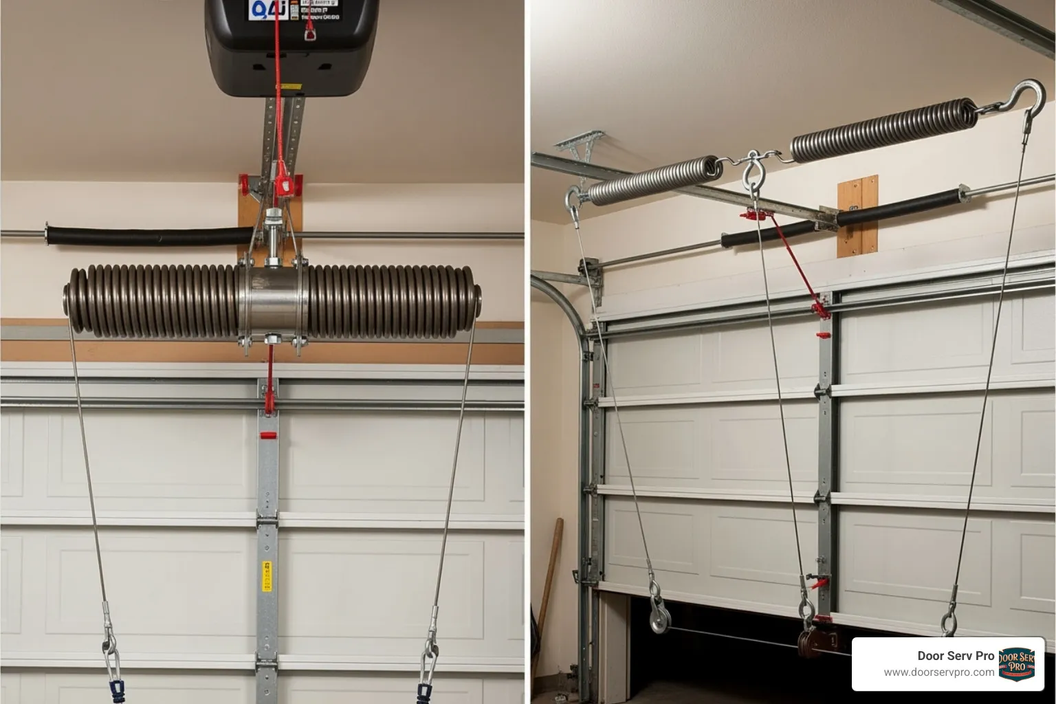 side-by-side comparison of a torsion spring setup vs. an extension spring setup - broken garage door spring