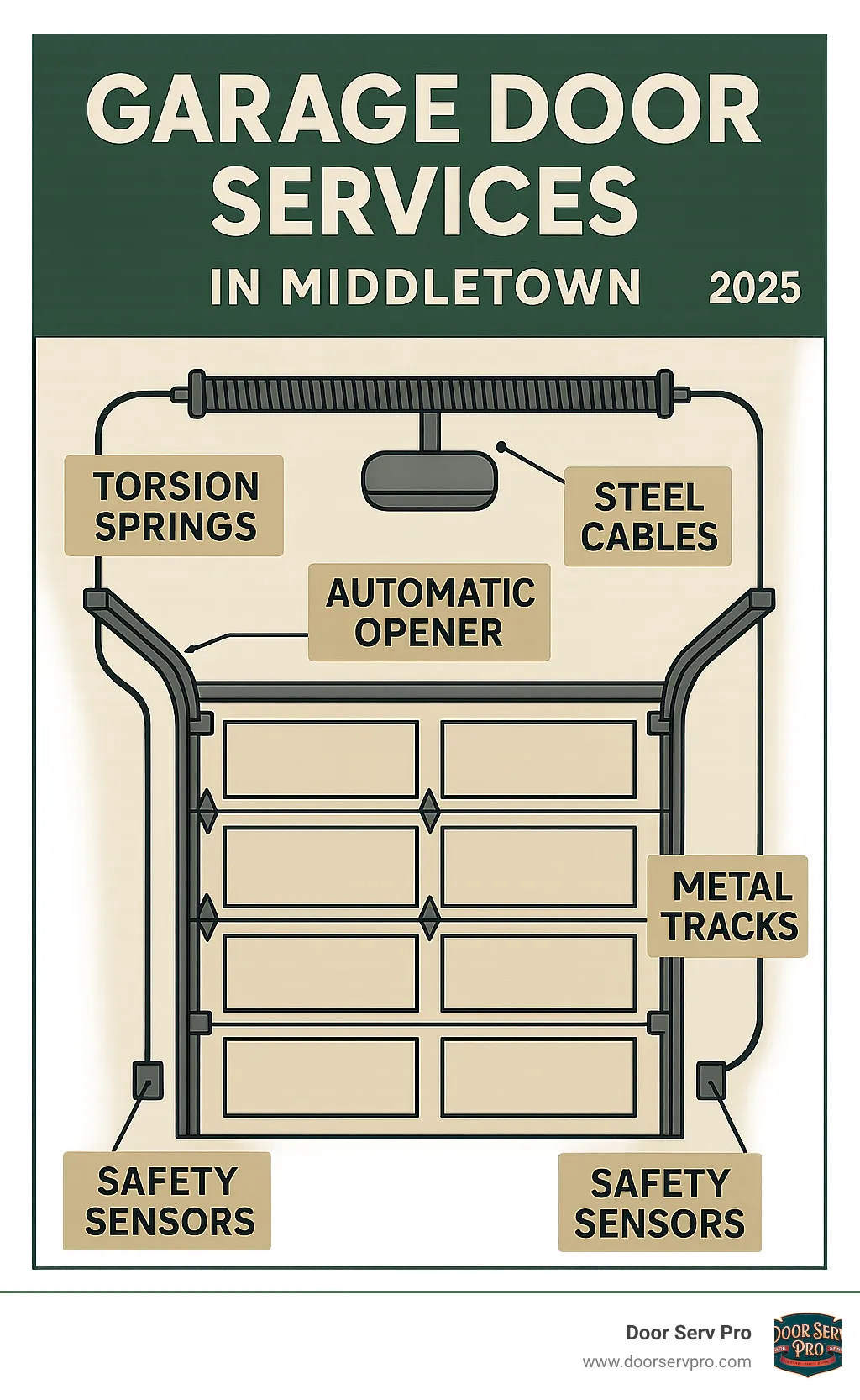 Infographic showing the key components of a garage door system including torsion springs at the top, steel cables running down the sides, an automatic opener mounted on the ceiling, metal tracks guiding the door panels, and safety sensors at the bottom - garage door services in middletown infographic