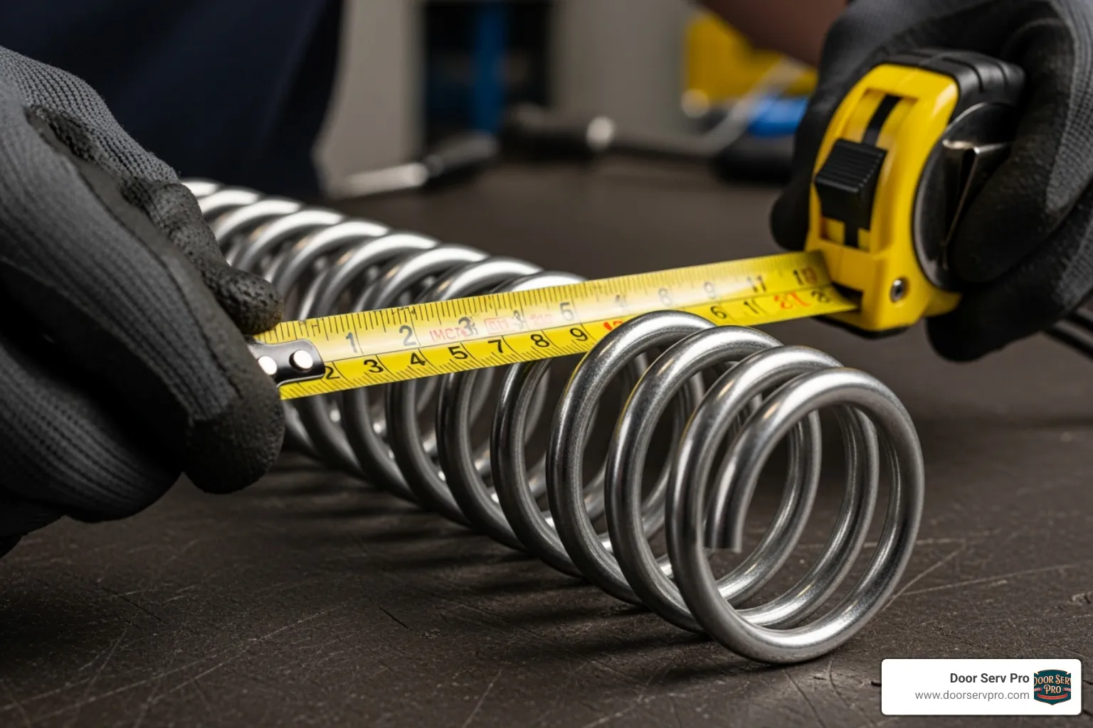 a person measuring a torsion spring with a tape measure - garage door torsion spring