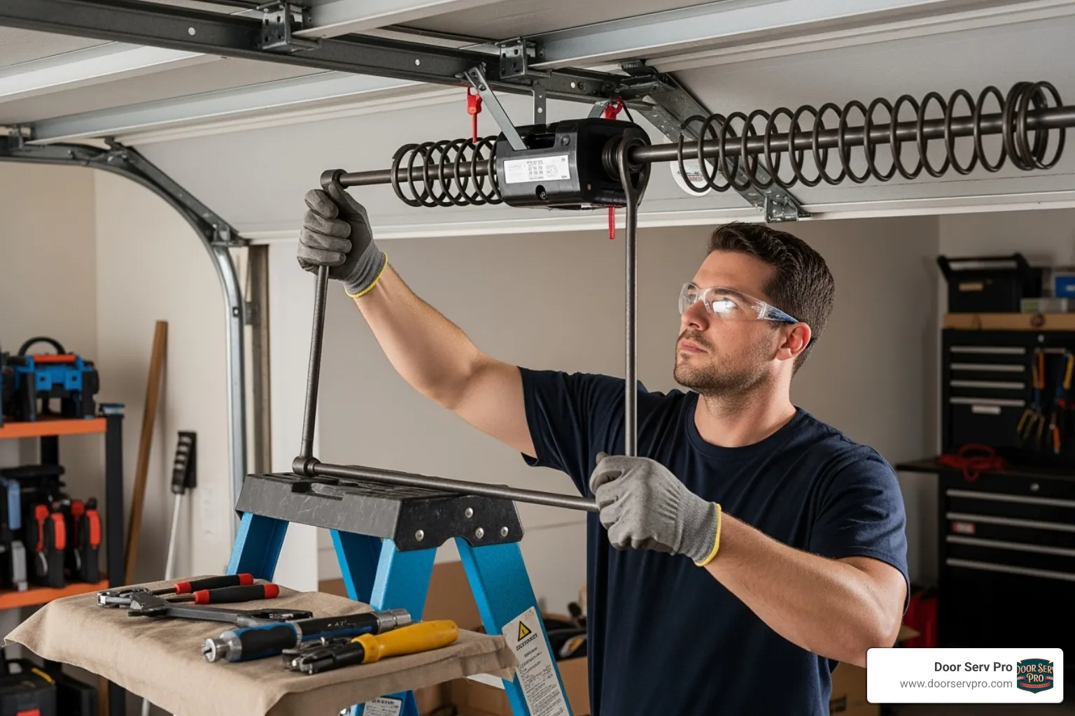 a professional technician safely adjusting a torsion spring - garage door torsion spring
