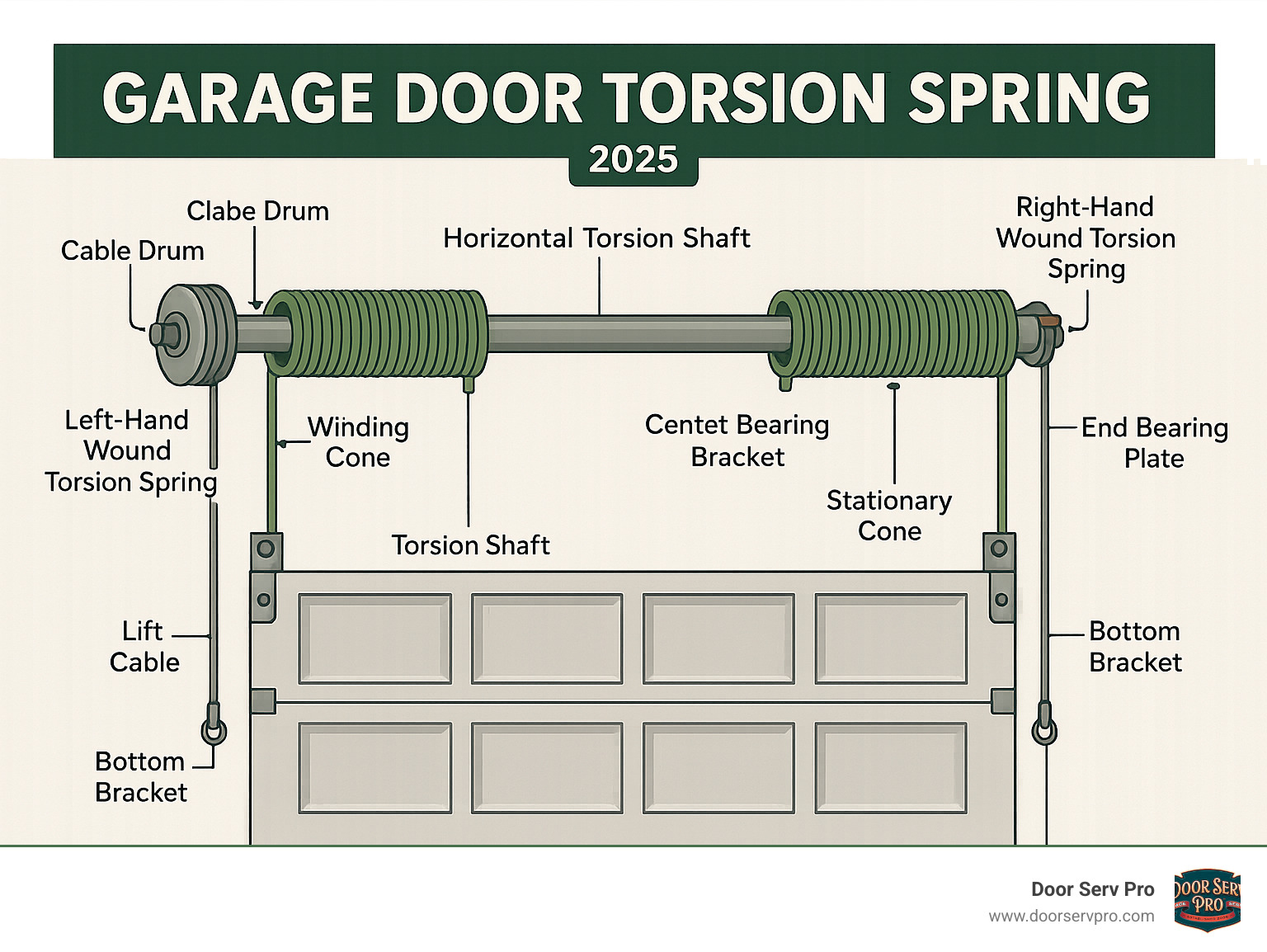Infographic showing the complete anatomy of a garage door torsion spring system including the horizontal torsion shaft running through the center, cable drums on each end, left-hand and right-hand wound torsion springs, winding cones and stationary cones, lift cables connecting to the bottom brackets, center bearing bracket supporting the shaft, and end bearing plates - garage door torsion spring infographic 