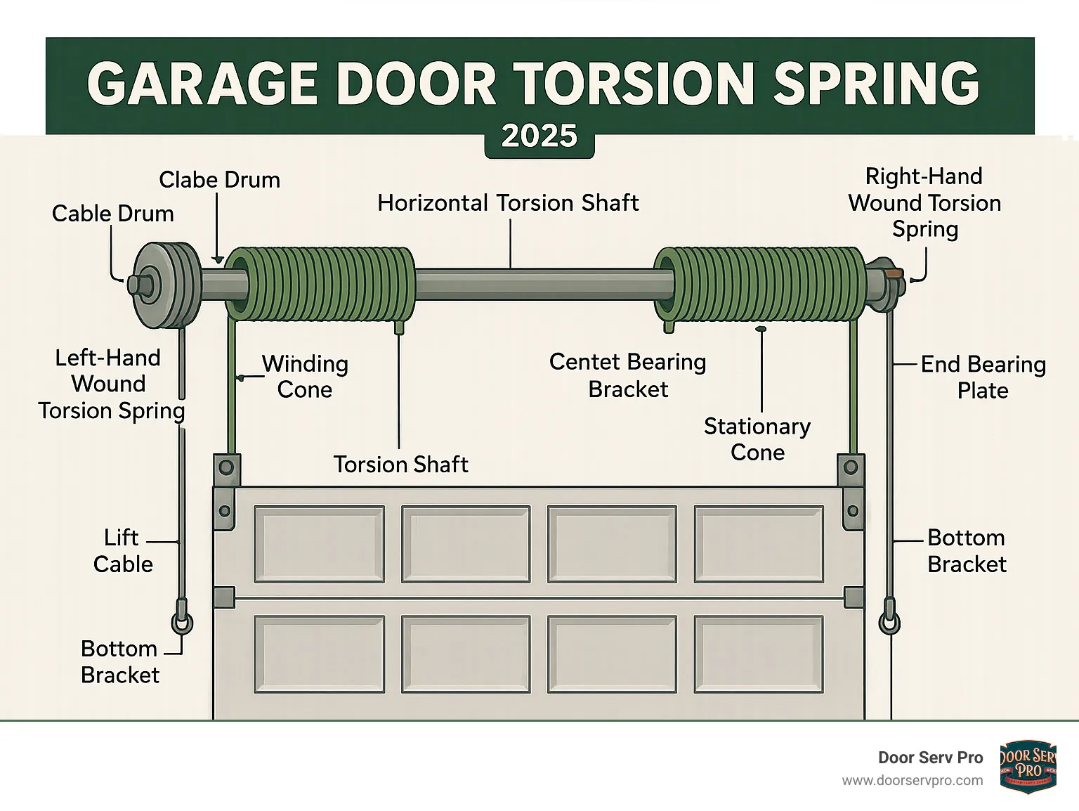 Infographic showing the complete anatomy of a garage door torsion spring system including the horizontal torsion shaft running through the center, cable drums on each end, left-hand and right-hand wound torsion springs, winding cones and stationary cones, lift cables connecting to the bottom brackets, center bearing bracket supporting the shaft, and end bearing plates - garage door torsion spring infographic