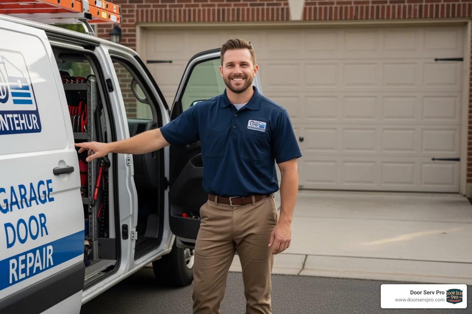 friendly, uniformed technician with a service vehicle - frederick garage door company