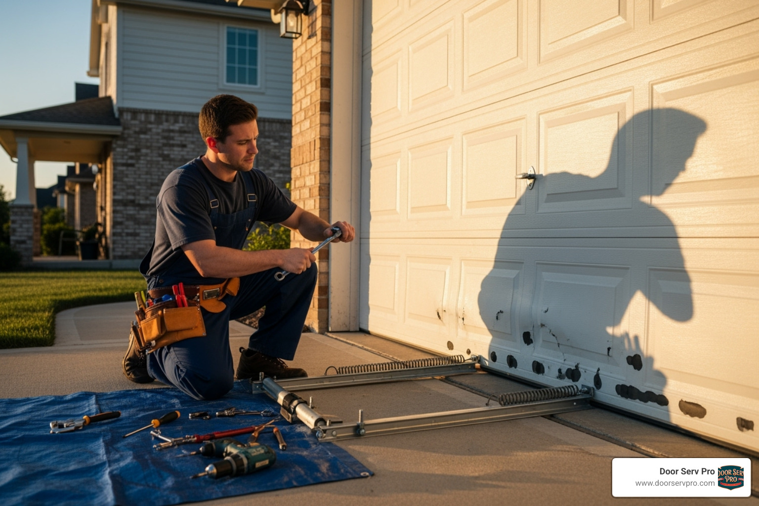 technician performing a garage door repair - frederick garage door company