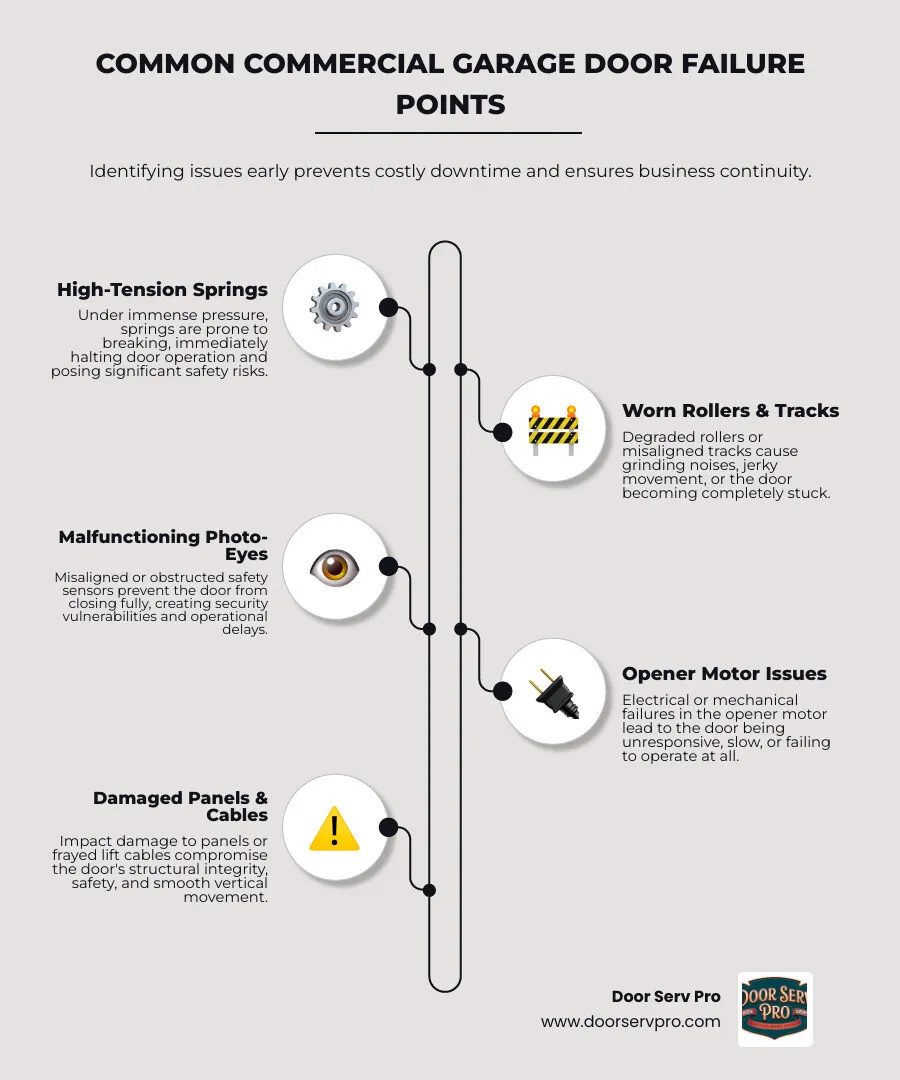 Infographic showing common commercial garage door failure points including springs under high tension, worn rollers and tracks, malfunctioning photo-eye sensors, damaged panels from impact, opener motor issues, and frayed cables - garage door repair company infographic infographic-line-5-steps-neat_beige
