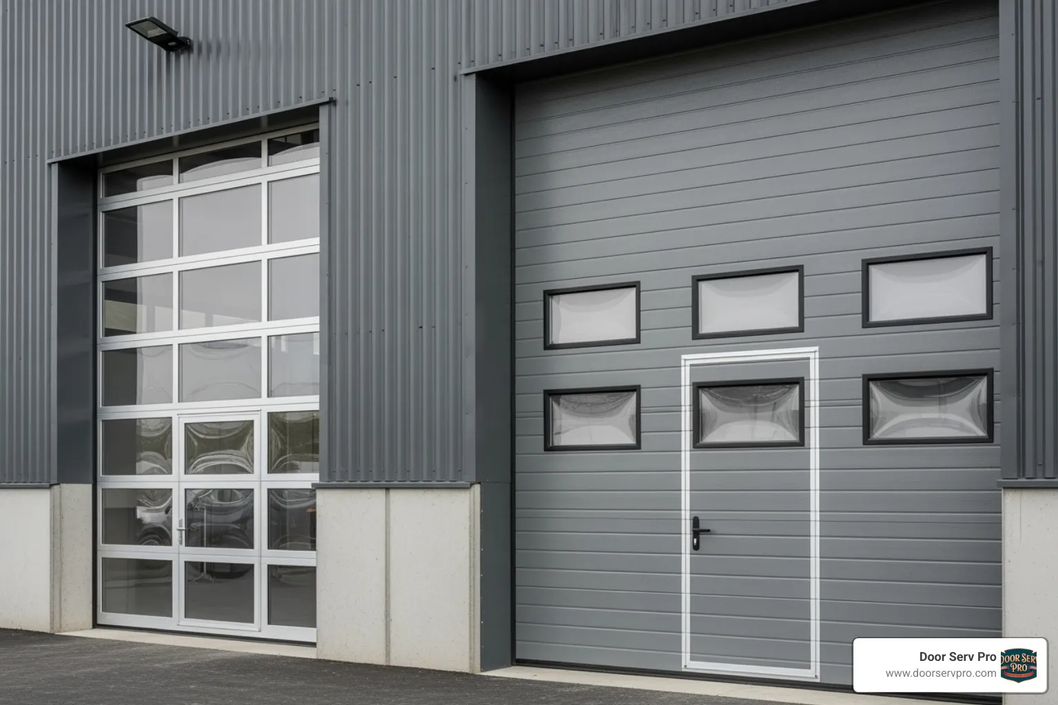 Two different styles of commercial garage doors side-by-side - garage door repair company