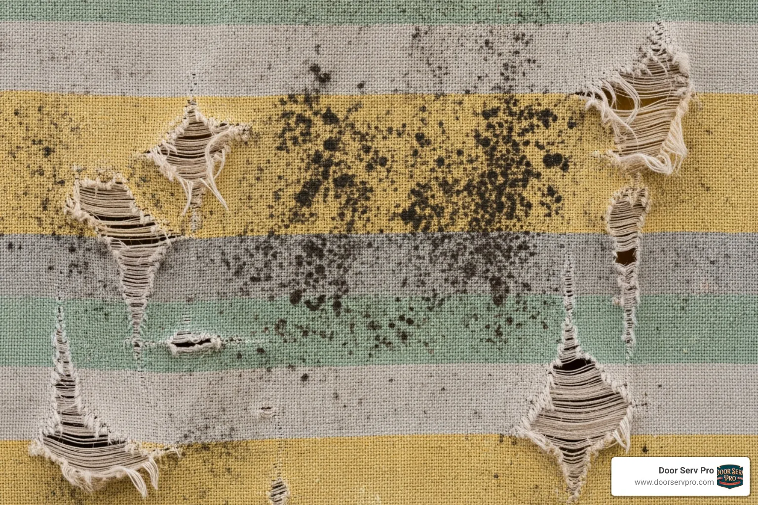 A detailed close-up of an old, faded awning fabric with visible tears and dark mildew stains, highlighting the common issues caused by weather exposure. - awning fabric replacement ashburn