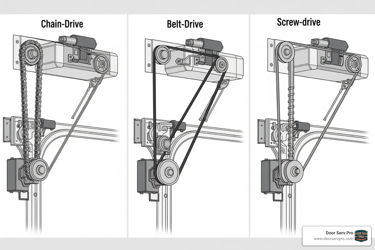 Diagram illustrating the different types of garage door openers: chain-drive, belt-drive, and screw-drive, highlighting their respective mechanisms - garage door opener repair Frederick