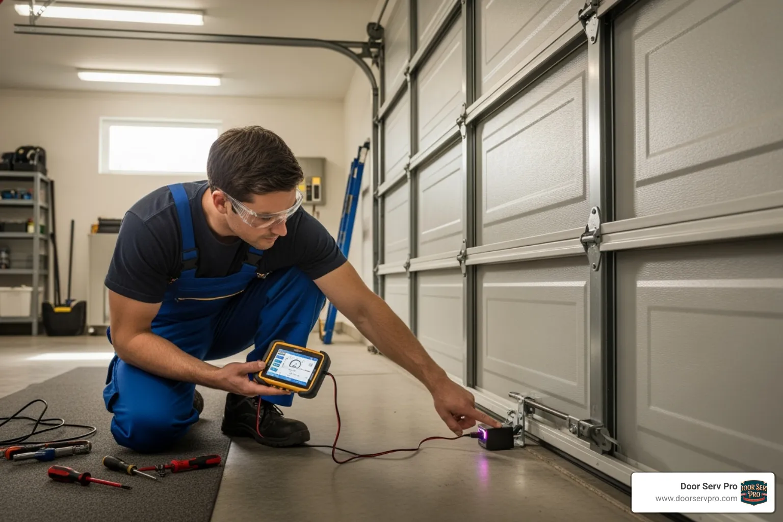 A technician inspecting safety sensors on a garage door - garage door opener repair Frederick