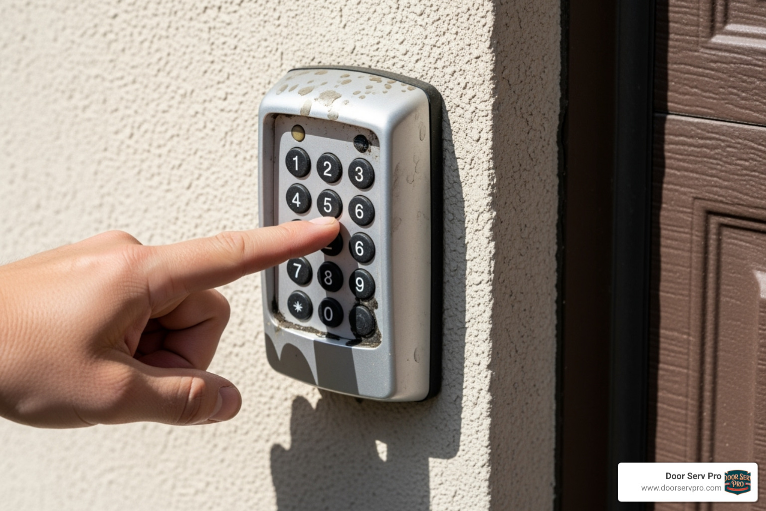 a hand entering a code on a garage door keypad - program garage door keypad
