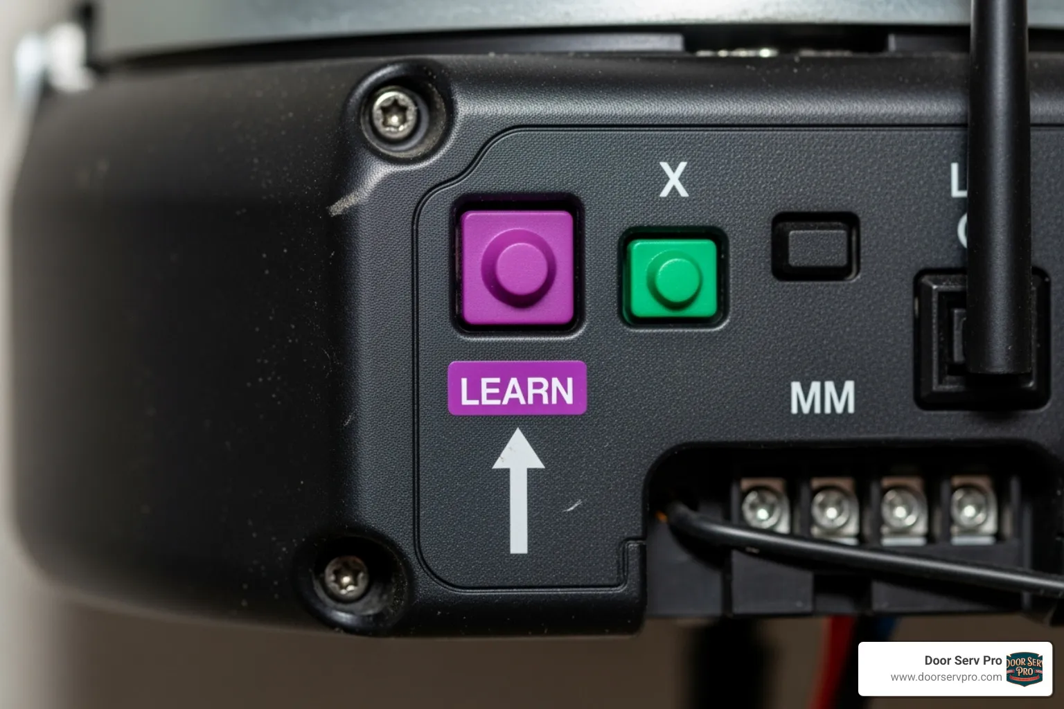 the back of a garage door opener motor, with an arrow pointing to the 'Learn' button - program garage door keypad