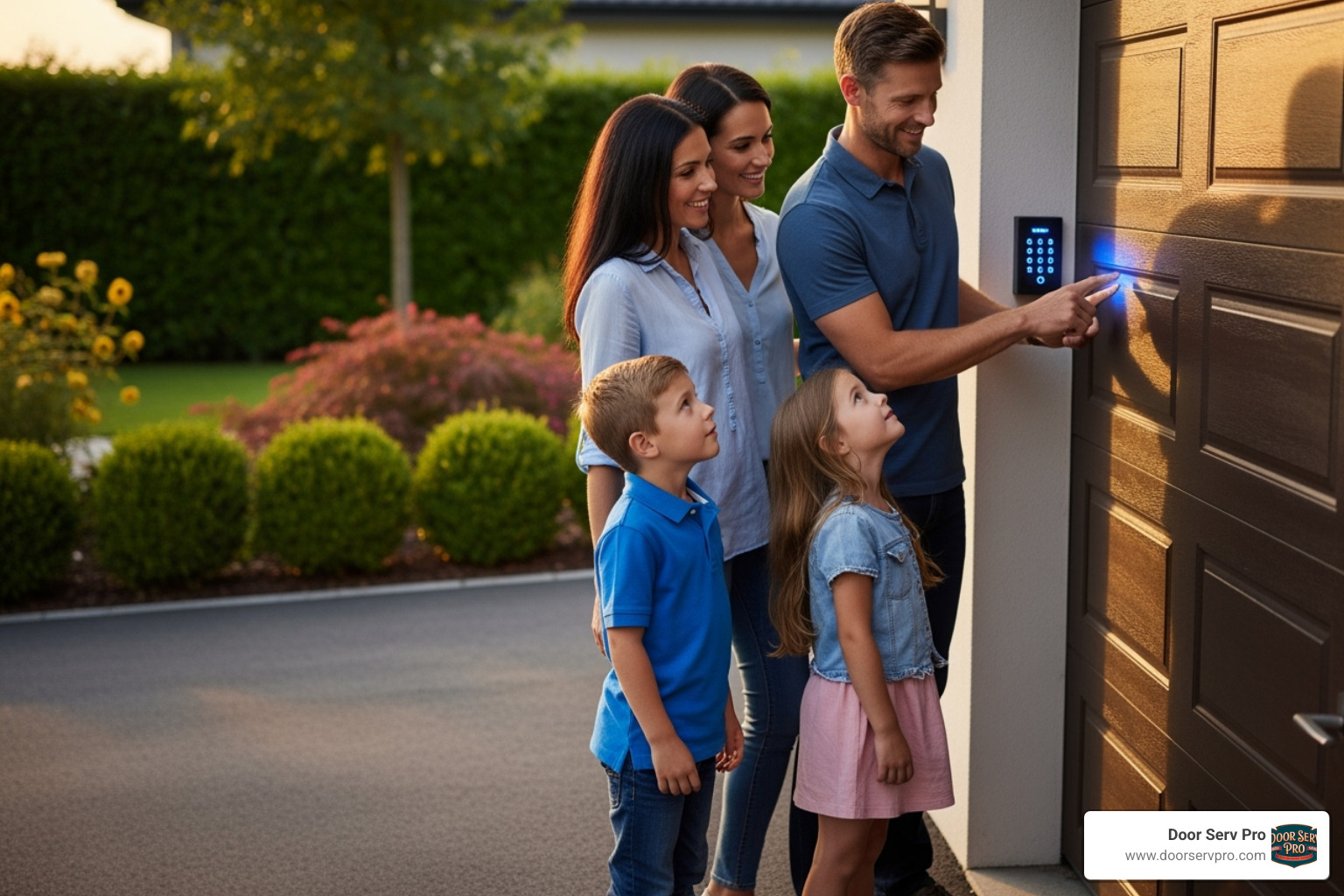 a family using a garage door keypad - program garage door keypad