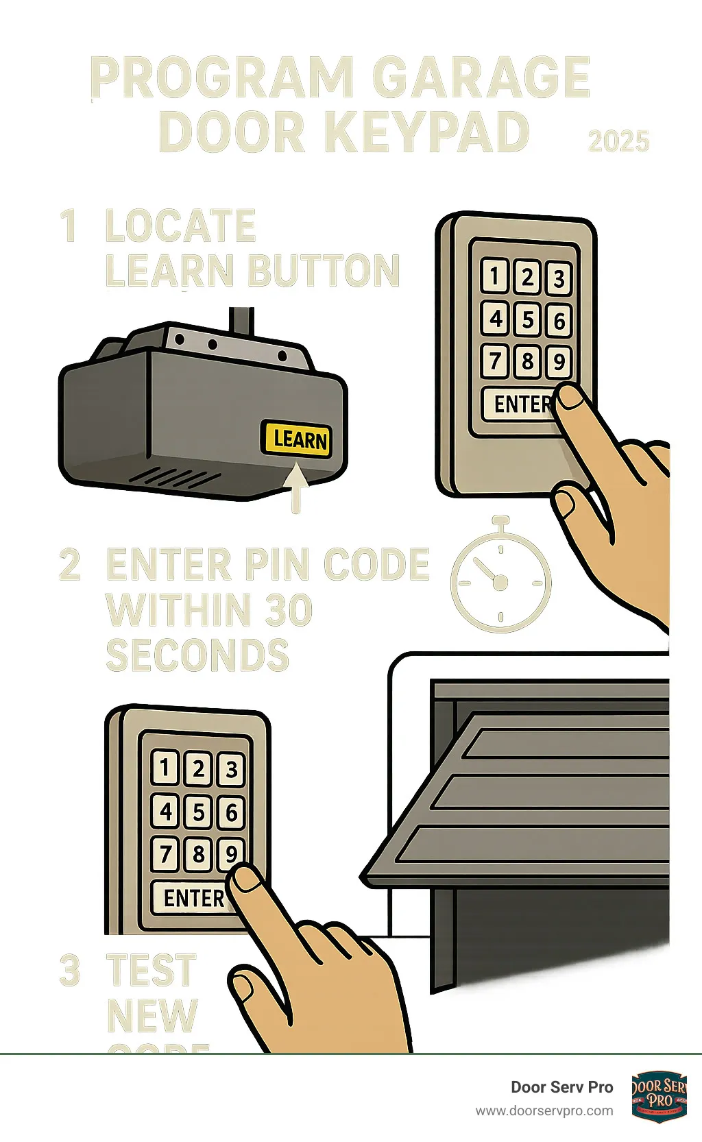 Step-by-step infographic showing three main phases: 1) Locating the Learn button on the garage door opener motor unit, 2) Entering your chosen PIN code on the mounted keypad within the 30-second programming window, and 3) Testing the new code by entering the PIN and confirming the door operates properly - program garage door keypad infographic