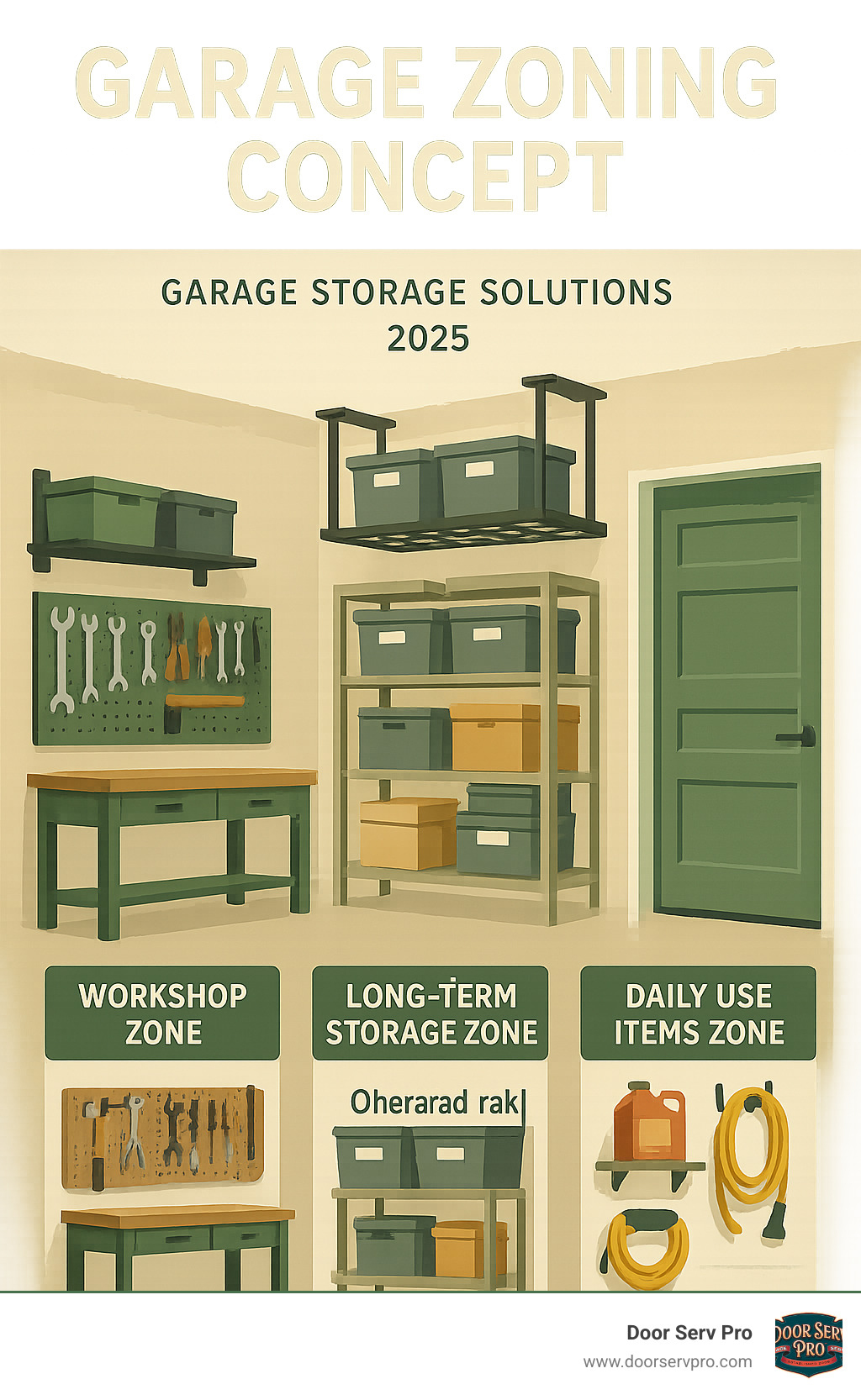 Detailed infographic showing garage zoning concept with three distinct areas: a workshop zone with pegboards and workbench on the left, a long-term storage zone with overhead racks and labeled bins in the center, and a daily use items zone with easy-access shelves and hooks near the garage door entrance - Garage storage solutions infographic
