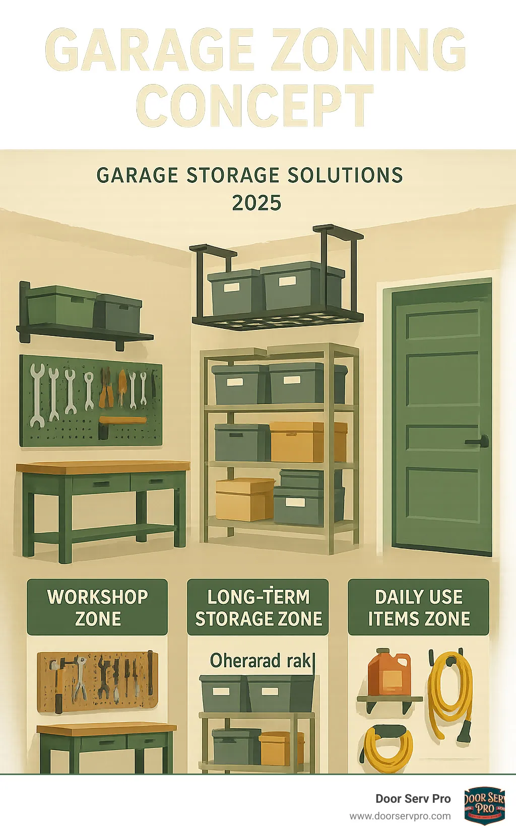 Detailed infographic showing garage zoning concept with three distinct areas: a workshop zone with pegboards and workbench on the left, a long-term storage zone with overhead racks and labeled bins in the center, and a daily use items zone with easy-access shelves and hooks near the garage door entrance - Garage storage solutions infographic