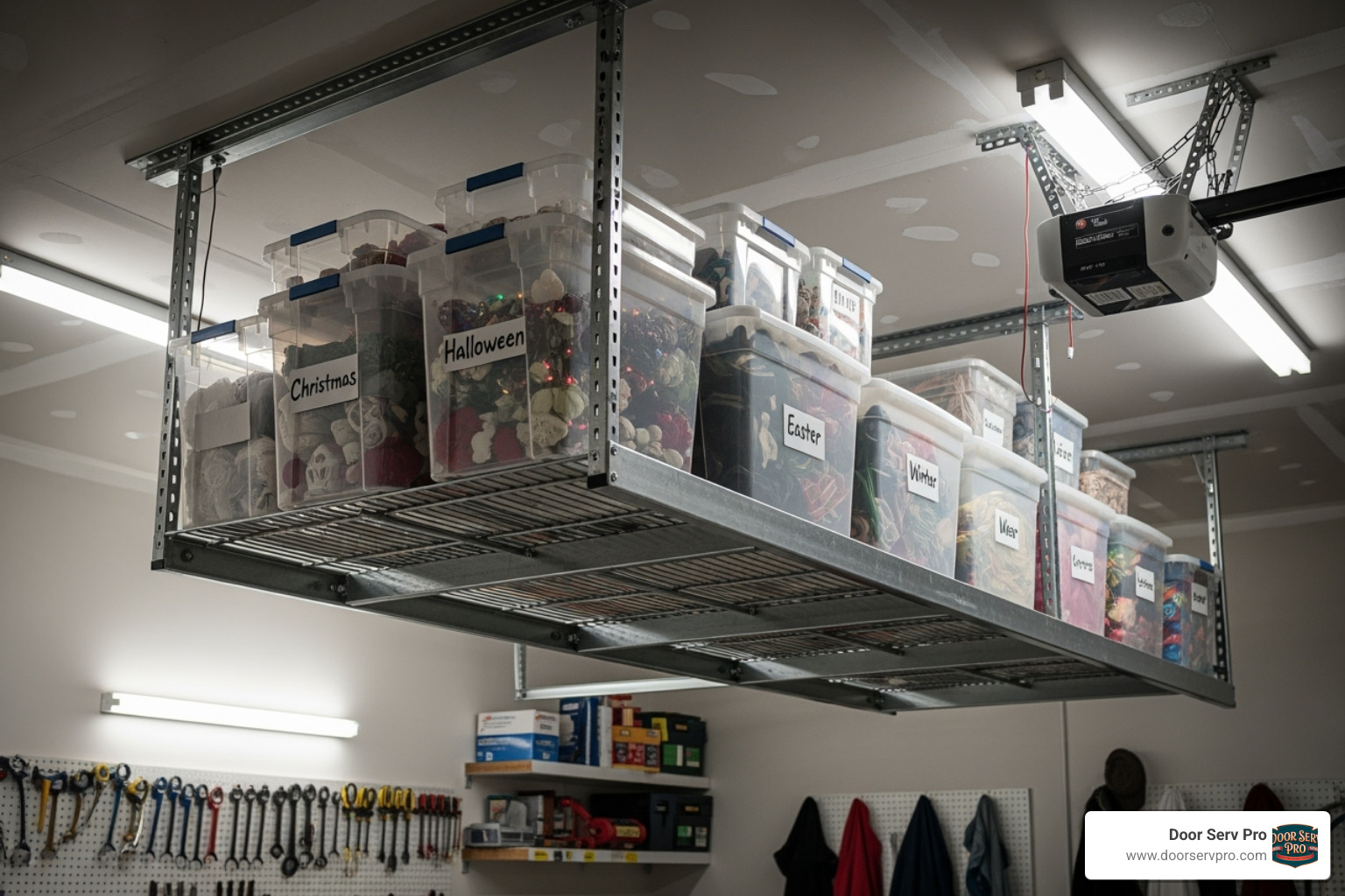 ceiling-mounted storage rack holding seasonal bins - Garage storage solutions